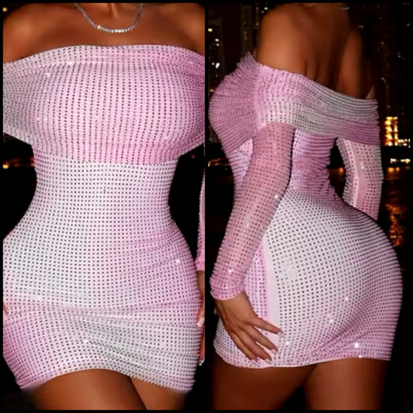 Women Sexy Off The Shoulder Pink Bling Gradient Dress