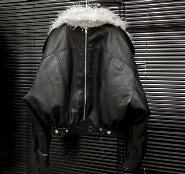 Women B&W Fur Faux Leather Back Zipper Jacket