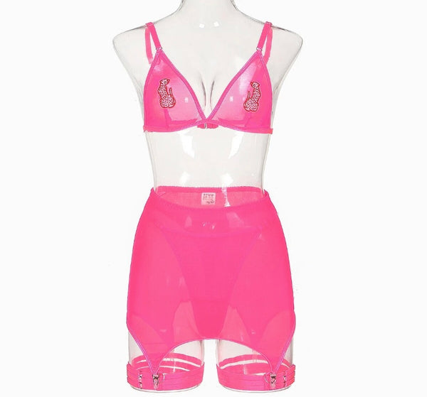 Women Sexy Pink Mesh Lingerie Set