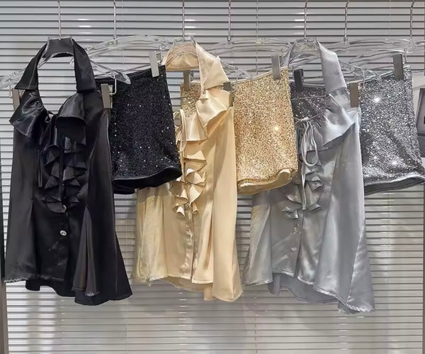 Women Ruffled Halter Sexy Sequins Two Piece Short Set