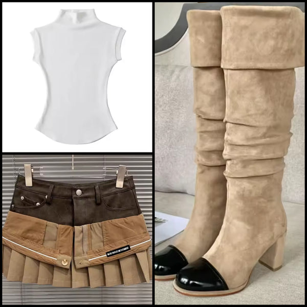 Women Fashion Round Toe Suede Knee High Boots