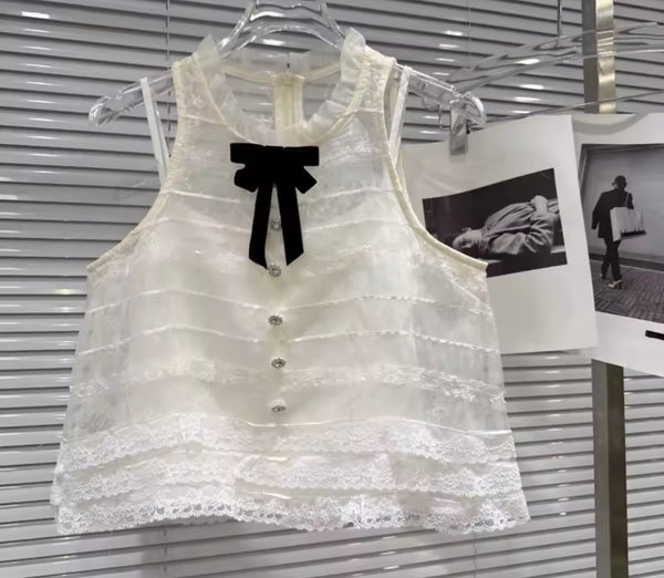 Women Bow Button Up Sleeveless Two Piece Wrap Short Set