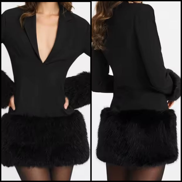 Women Black Sexy Fur Patchwork Blazer Dress