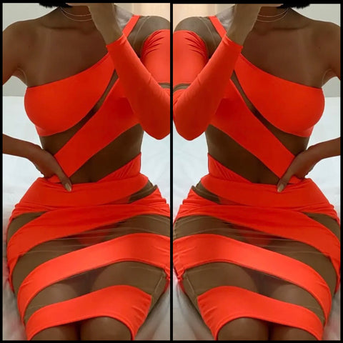 Women Sexy One Shoulder Orange Mesh Patchwork Bodysuit Two Piece Skirt Set