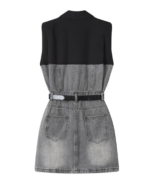 Women Button Up Sleeveless Color Patchwork Belted Denim Dress