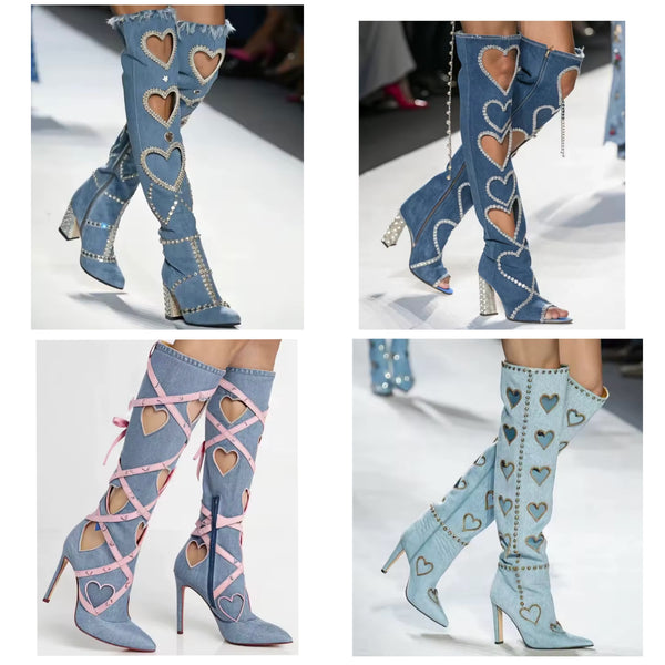 Women Fashion Denim Heart Bling Knee High Boots