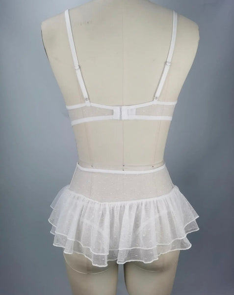Women Sexy Heart Print Mesh Ruffled Lingerie Set