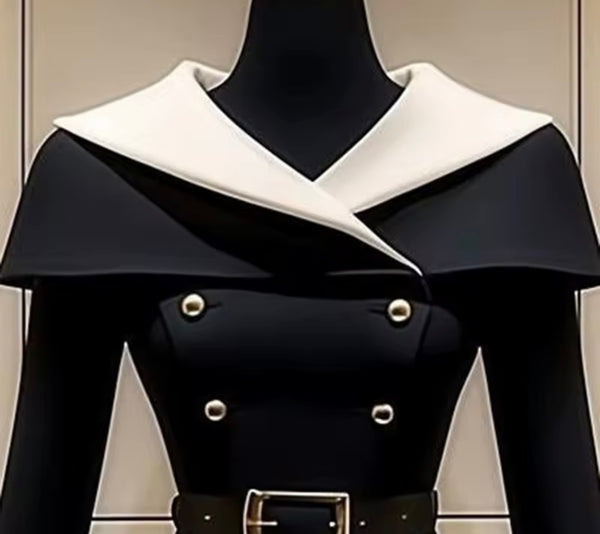 Women Fashion B&W Button Buckled Pleated Jacket