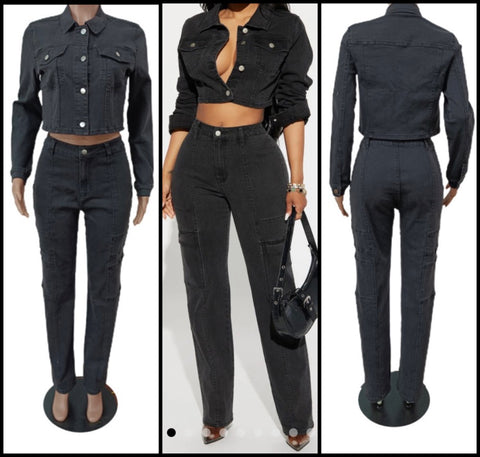 Women Black Fashion Two Piece Denim Jacket Pant Set