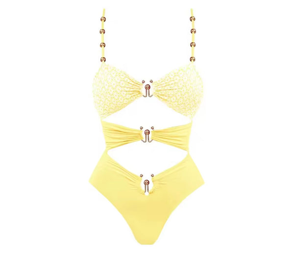 Women Sexy Color Printed Metal Cut Out Swimsuit Cover Up Set