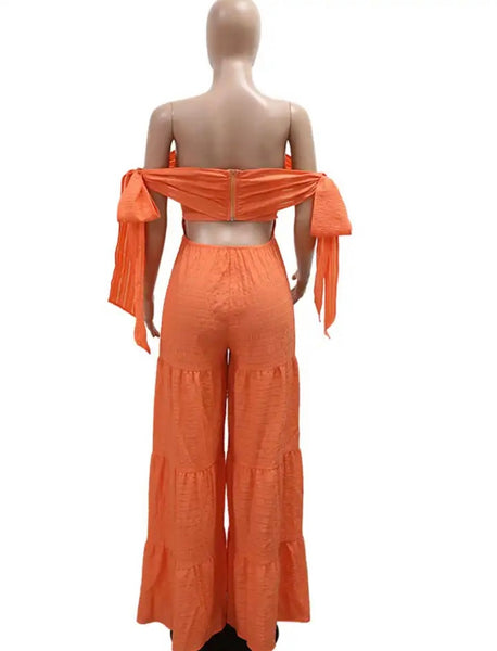 Women Sexy Off The Shoulder Open Back Wide Leg Jumpsuit