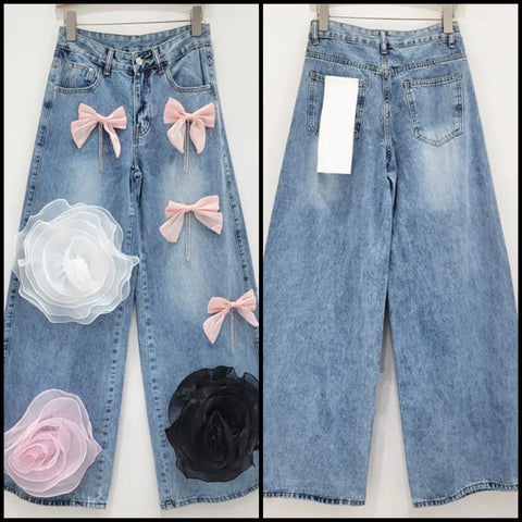 Women Fashion Color Floral Bow Tassel Denim Pants