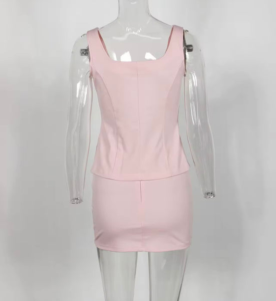 Women Sleeveless Button Up Blazer Sexy Two Piece Skirt Set