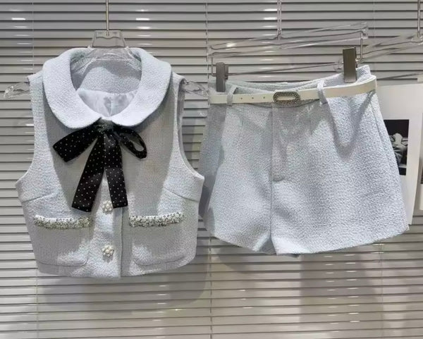 Women Collar Bow Beaded Button Up Sleeveless Two Piece Short Set