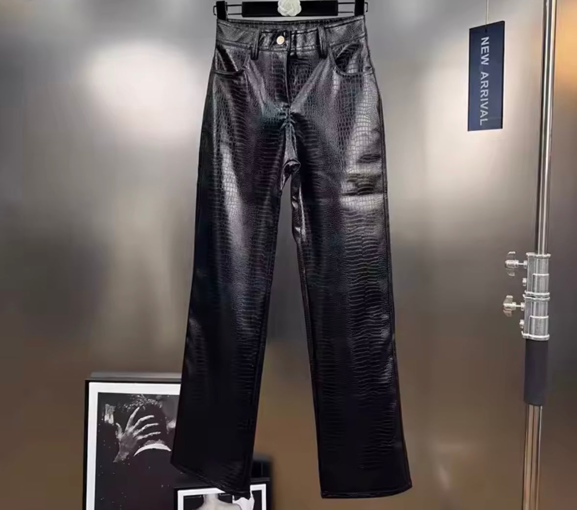 Women Fashion Faux Leather Solid Color Pants