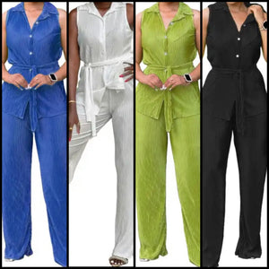 Women Button Up Sleeveless Solid Color Two Piece Pant Set