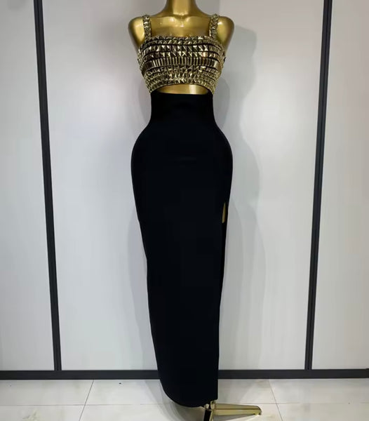 Women Black Sleeveless Sexy Gold Rivet Maxi Dress