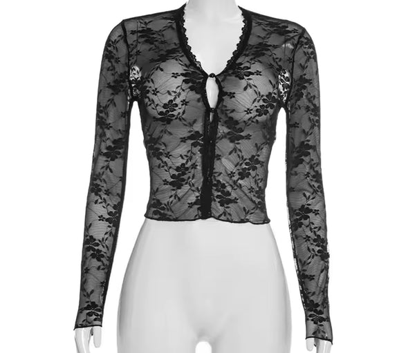 Women Sexy Black Lace Full Sleeve Two Piece Capri Pant Set