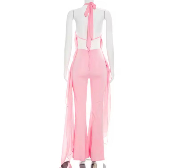Women Sexy Pink Halter Open Back Sleeveless Jumpsuit