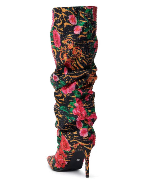 Women Fashion Multicolored Floral Ruched High Heel Boots