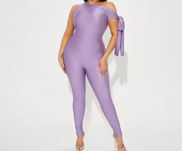 Women Sexy Purple Slant Shoulder Bow Jumpsuit