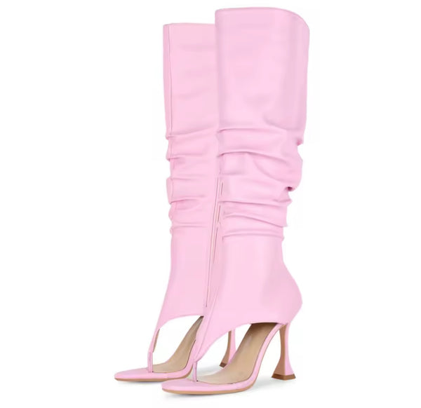 Women Fashion Open Toe Ruched High Heel Knee High Boots