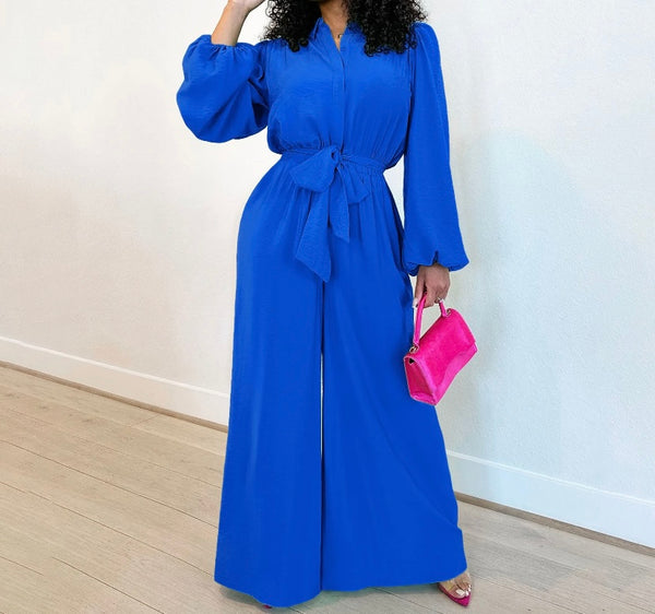 Women Fashion Button Up Solid Color Belted Full Sleeve Jumpsuit