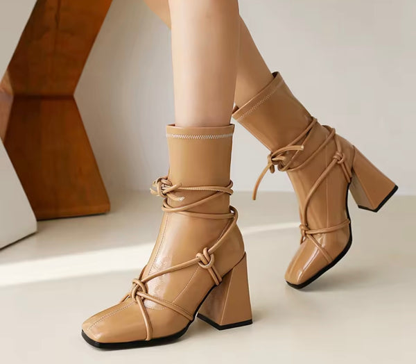 Women Fashion Color Patent Leather Lace Up Ankle Boots