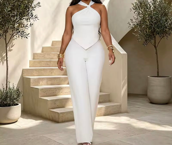 Women Halter Sleeveless Bow Open Back Two Piece Pant Set