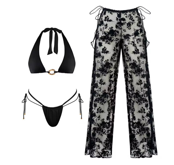 Women Sexy Black Halter Bikini Lace Cover Up Set