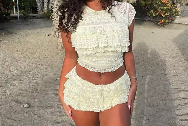 Women Sexy Color Ruffled Lace Two Piece Skirt Set