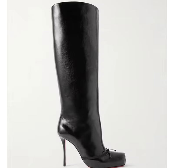 Women Fashion Square Toe Bow Faux Leather Knee High Boots