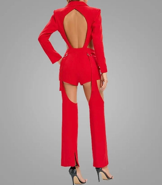 Women Fashion Open Back Blazer Two Piece Pant Set