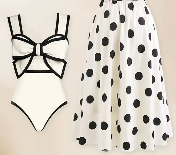 Women Fashion Bow Color Patchwork Polka Dot Swimsuit Cover Up Set