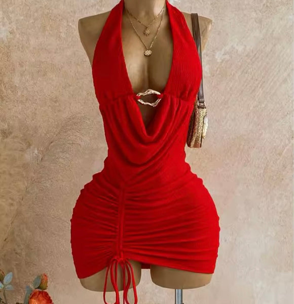 Women Red Halter Sleeveless Sexy Drawstring Dress
