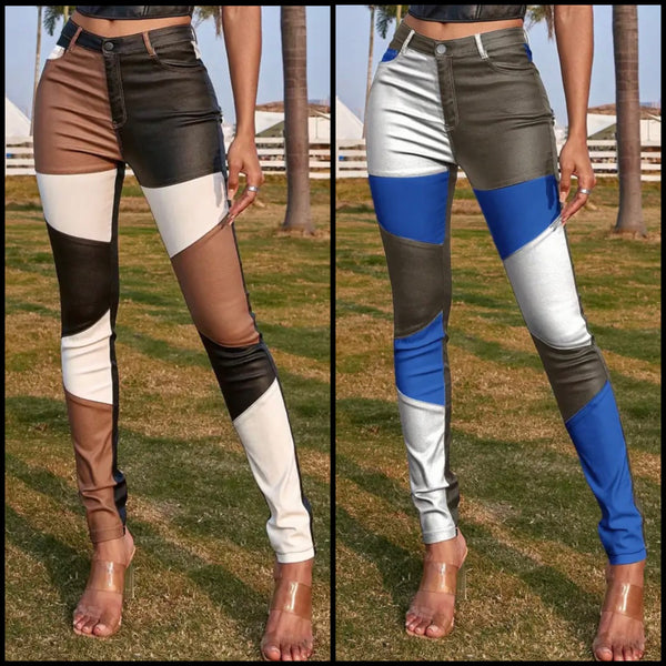 Women Fashion Color Patchwork PU Pants