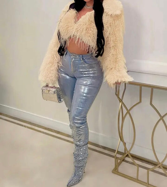 Women Solid Color Faux Fur Full Sleeve Crop Top