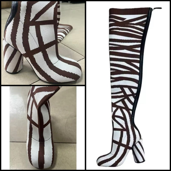 Women Fashion Printed  Knitted Over The Knee Boots