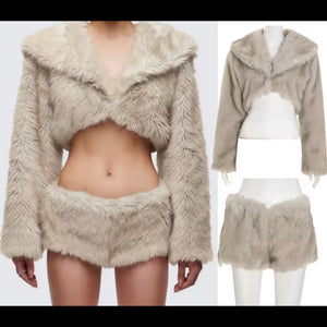Women Sexy Fashion Faux Fur Crop Two Piece Short Set