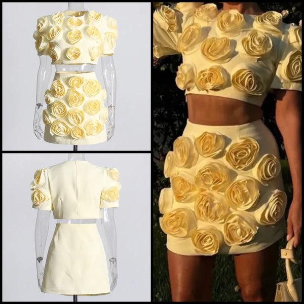 Women Yellow 3D Floral Sexy Short Sleeve Two Piece Skirt Set