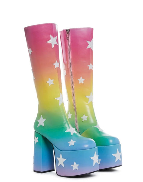 Women Fashion Colorful Gradient Star Print Platform Knee High Boots