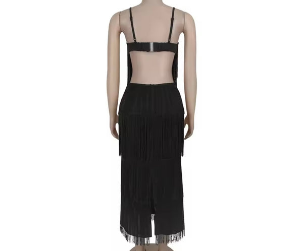 Women Sexy Sleeveless Open Back Fringe Tassel Maxi Dress