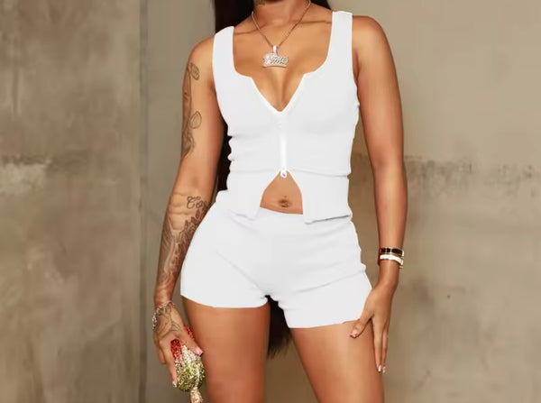 Women Sexy Sleeveless Double Zipper Two Piece Short Set