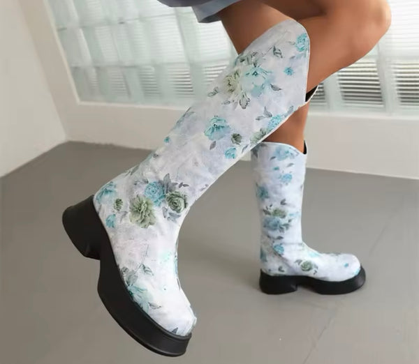 Women Fashion Color Floral Knee High Boots