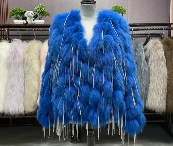 Women Fashion Faux Fur Bling Tassel Jacket