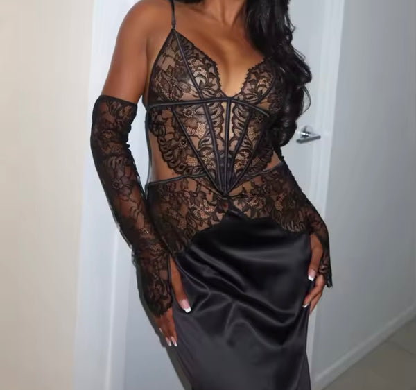 Women Sexy Black Sleeveless Lace Satin Nightgown Lingerie
