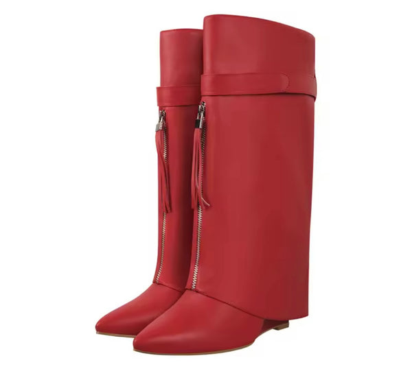 Women Fashion Pointed Toe Front Zipper Wedge Knee High Boots