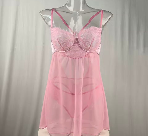 Women Sexy Sleeveless Pink Mesh Lingerie Set