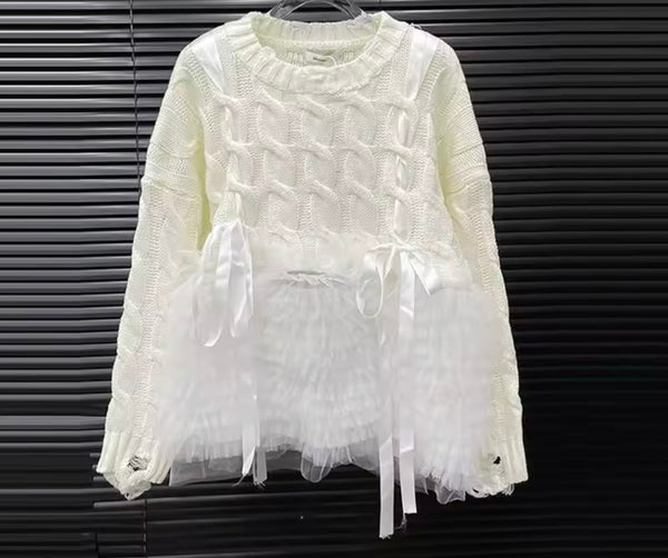 Women Fashion Ruffled Bow Full Sleeve Sweater Top