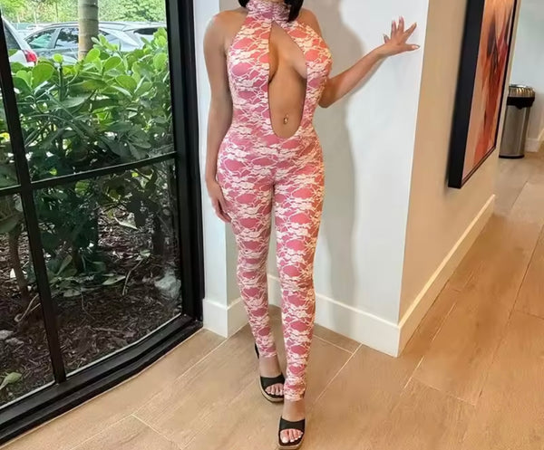 Women Sexy Halter Sleeveless Pink Lace Cut Out Jumpsuit